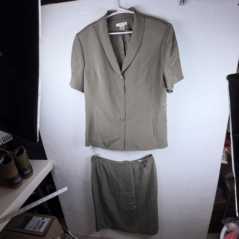 Preston & York Size 18 100% Silk Skirt Suit Olive Quiet Luxury Minimalist
